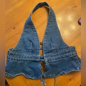 Denim open tie back halter size small ruffle bottom adjustable front dark wash
